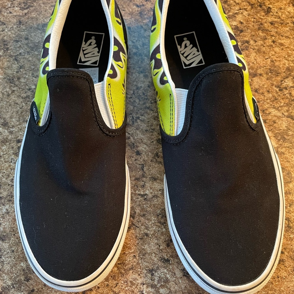 Vans Black and Neon Slip-On Sneakers
